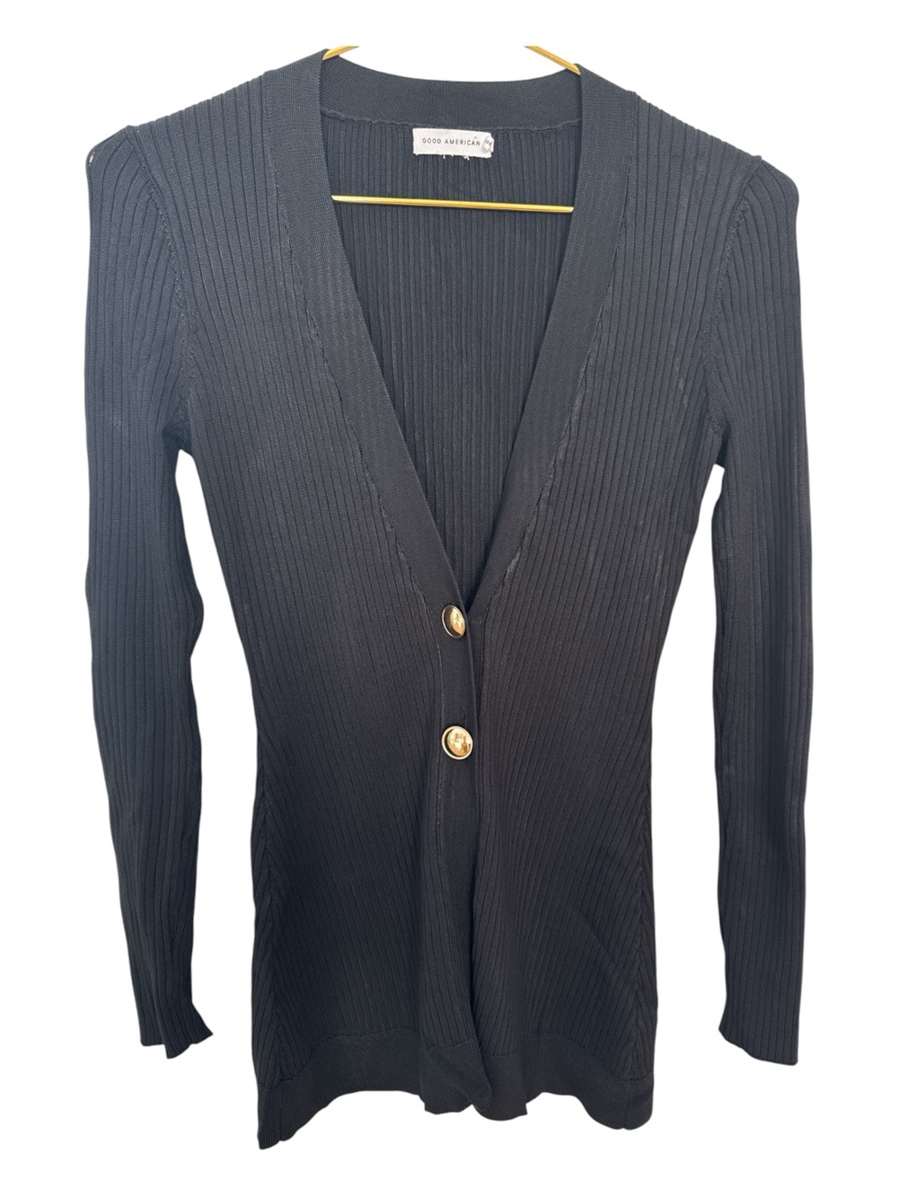 Good American Black Ribbed V-Neck Cardigan with Gold Buttons